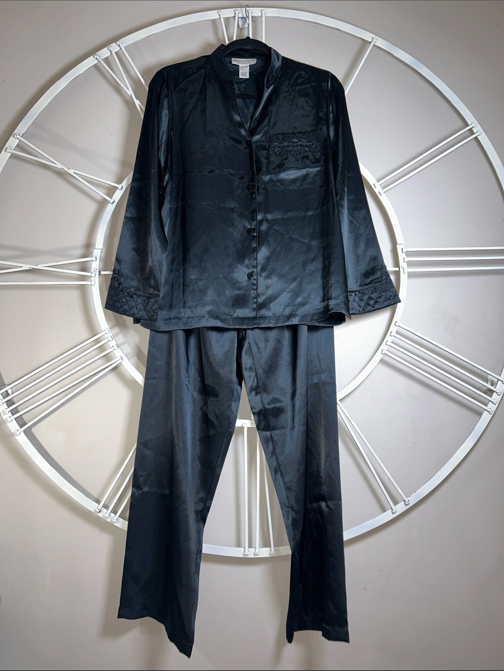 Morgan Taylor Black Satin Pajama Set - Button-Up Top & Relaxed Pants